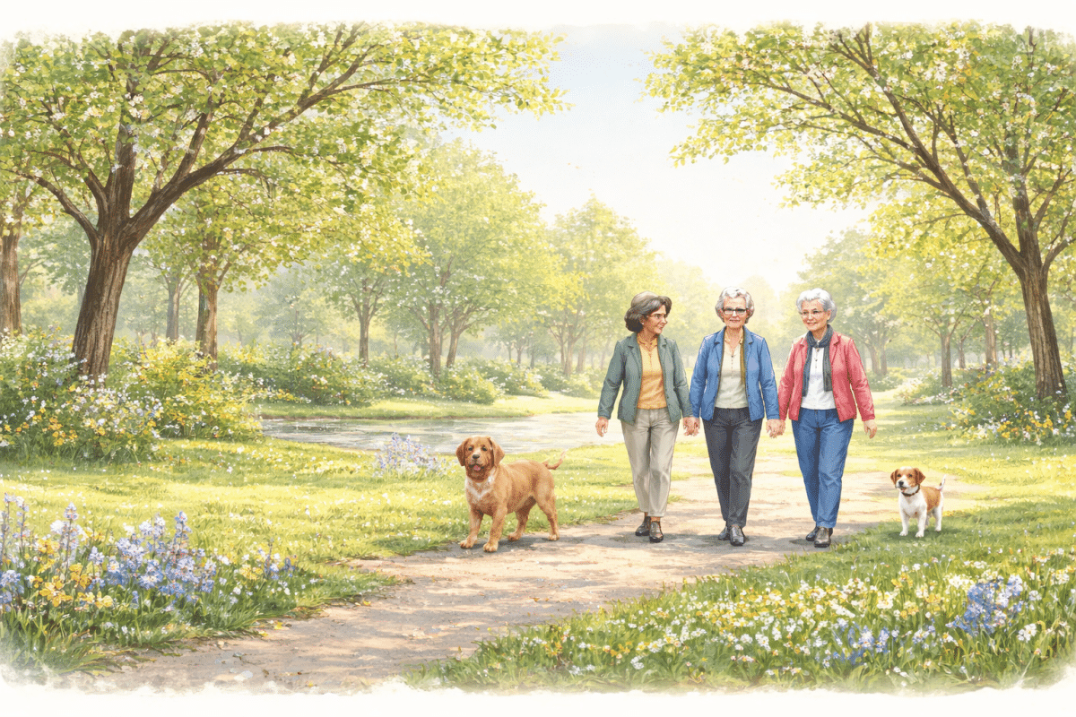 Kvinnor i stadspark med hundar