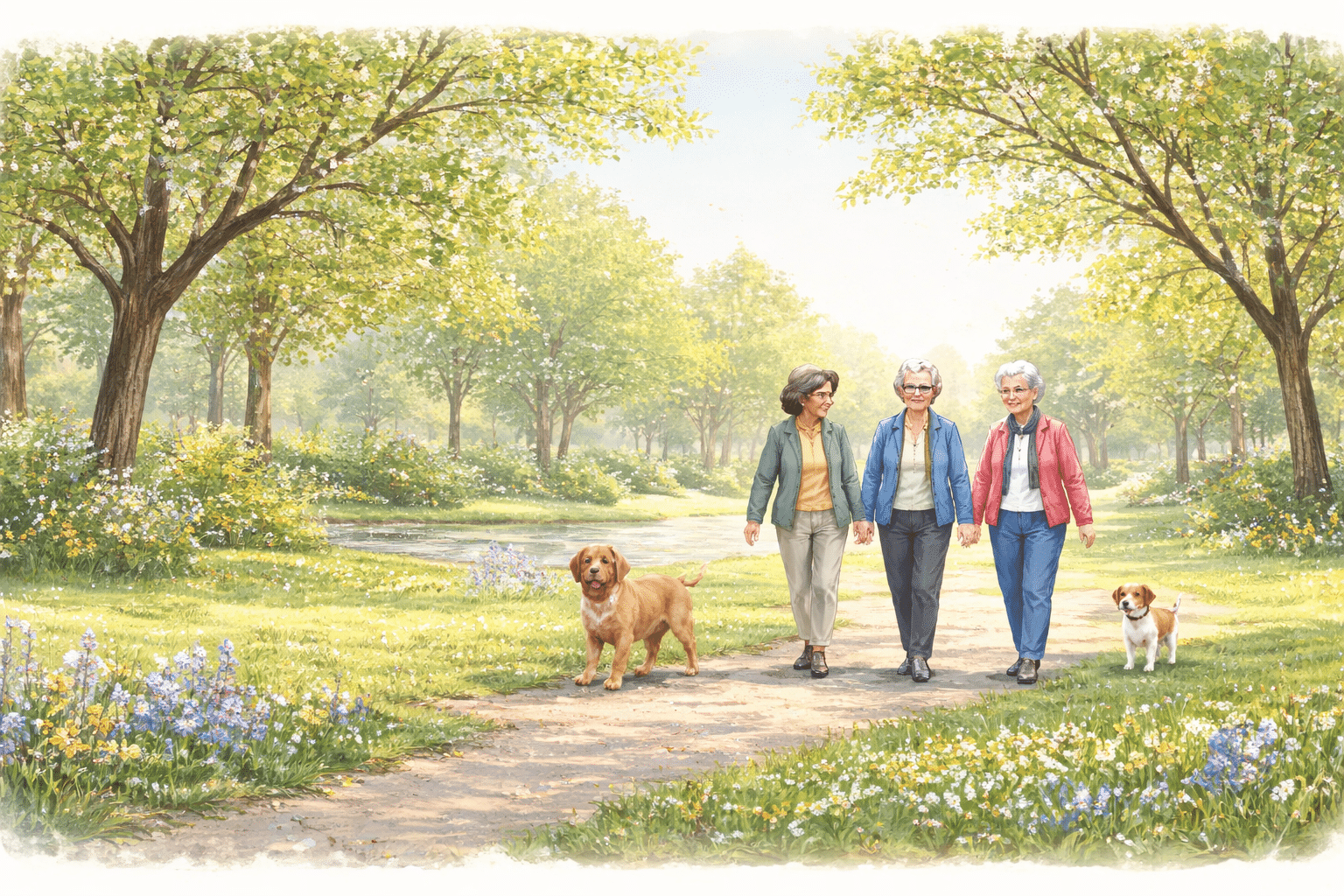 Kvinnor i stadspark med hundar